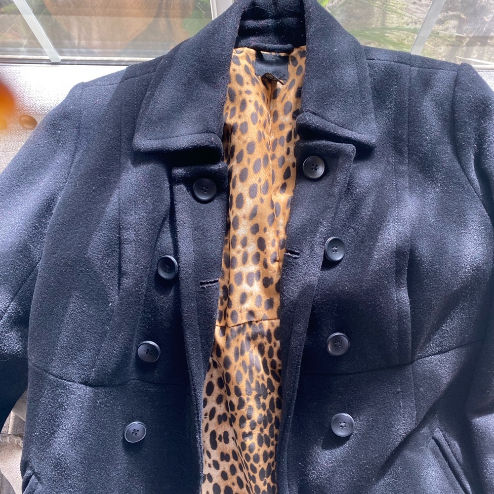 Lucky Brand Black pea coat with leopard lining